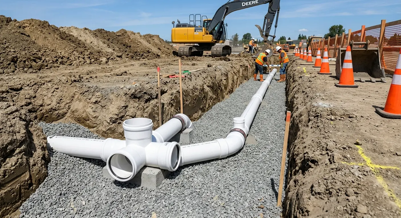 New PVC sewer pipe installation in open trench for Commercial Drain Cleaning in West View