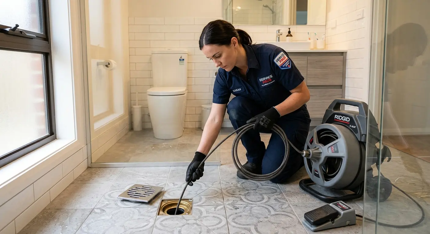 Technician clearing a bathroom floor drain for Drain Cleaning in West View